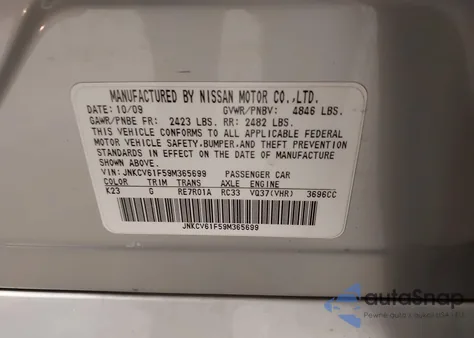 2009 Infiniti G37X z USA, uszkodzony, nr VIN JNKCV61F59M365699